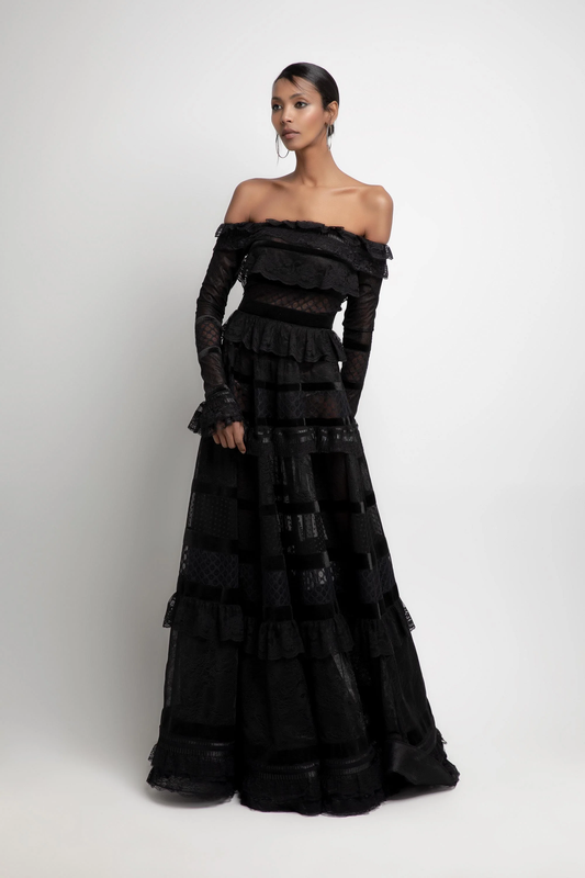 Long Sleeve Off the Shoulder A-Line Gown
