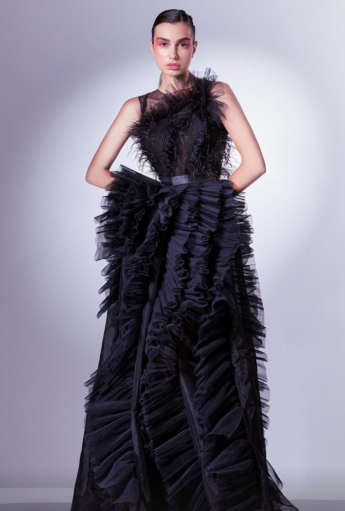 Ruffled Sleeveless Evening Gown