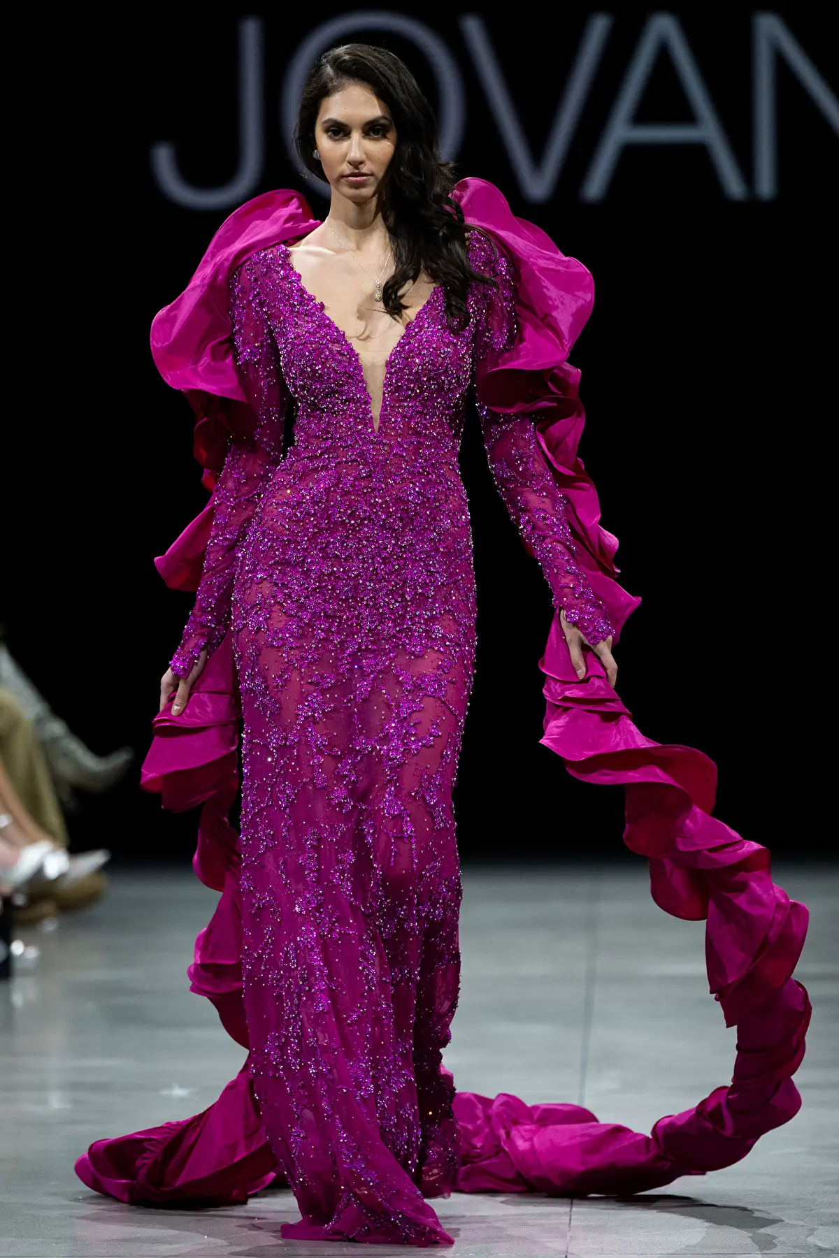 Bead Embellished Long Sleeve Gown