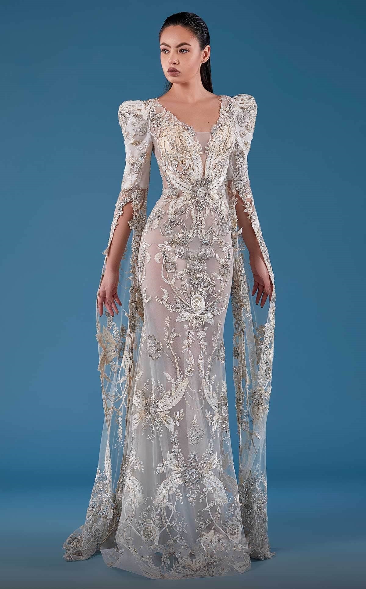 Long Cape Sleeve Embellished Gown