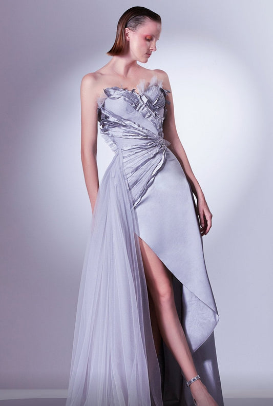 Strapless Ruched Slit Gown