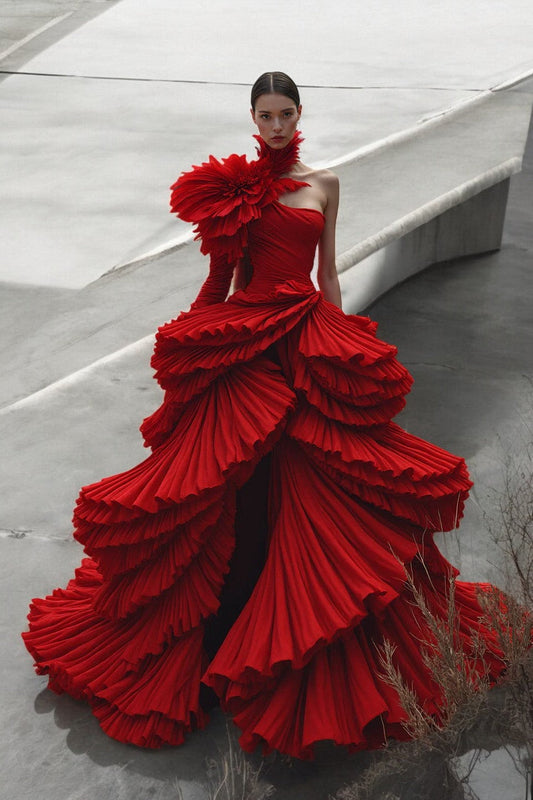 High Neck Tiered Ruffled Gown