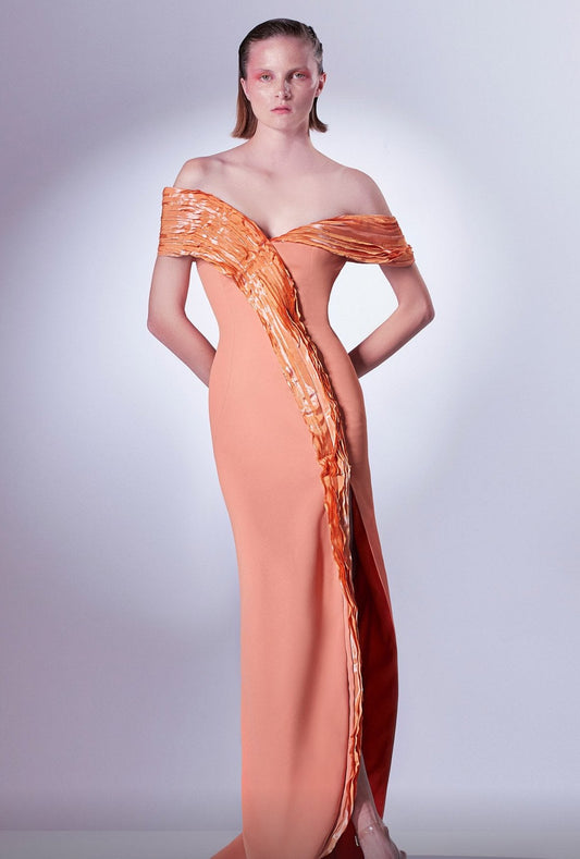 Draped Off the Shoulder Slim Slit Gown