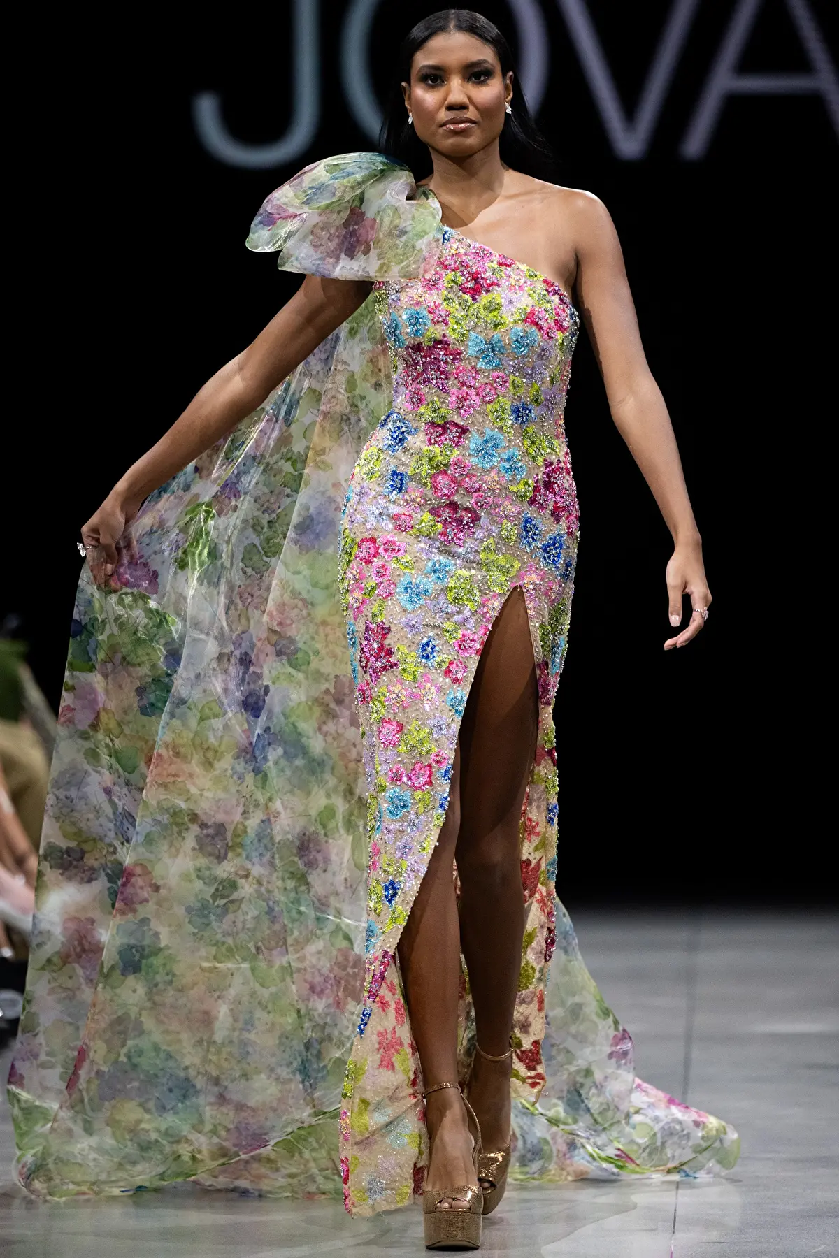 Multi Colored Beaded One Shoulder Gown
