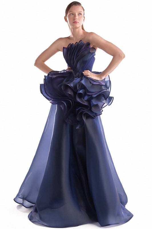Midnight Bloom Sculptural Fluid Organza Gown