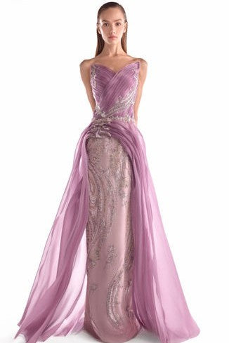 Vestido de encaje floral y organza color rosa viejo