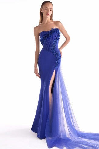Boned Royal Blue Floral Embellished Corset Gown