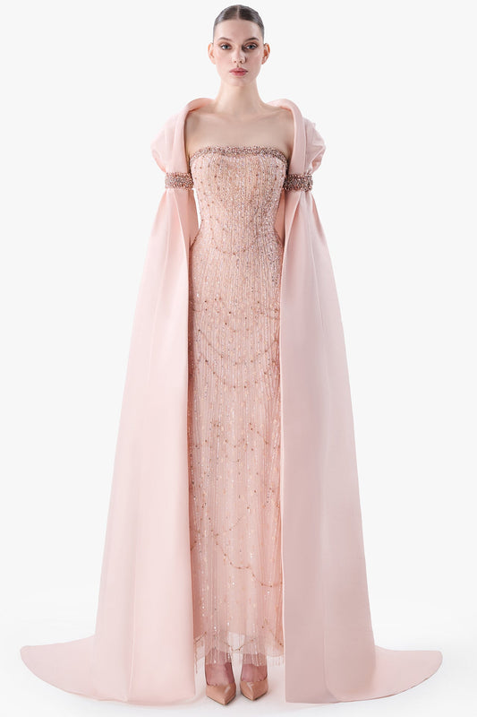 Embroidered Column Gown with Draped Sleeve Cape