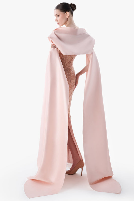Embroidered Column Gown with Draped Sleeve Cape