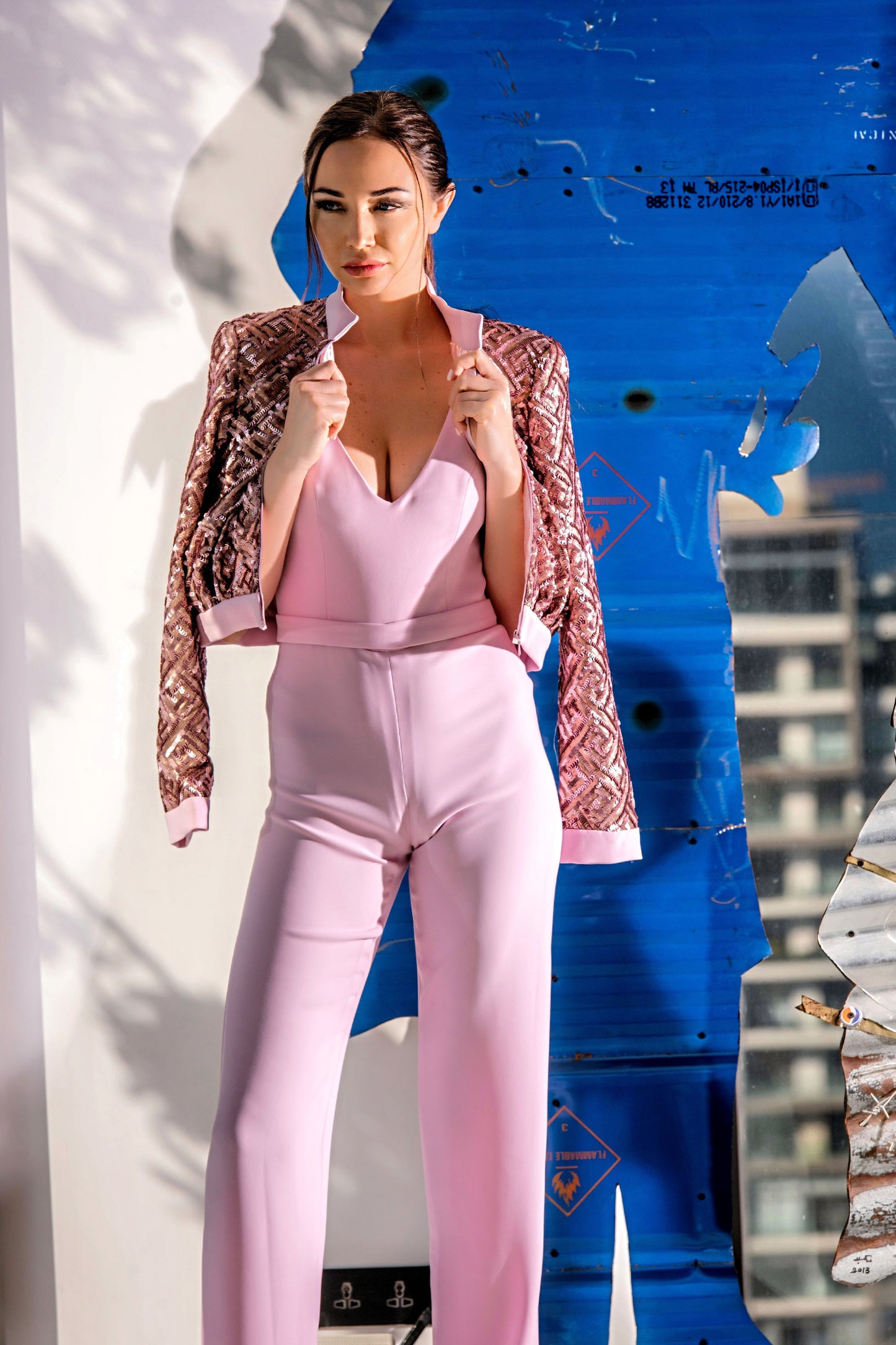 Pink Crepe Jumpsuit with Sequin Blazer