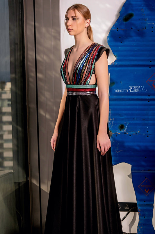 Black Crepe Sequin Gown