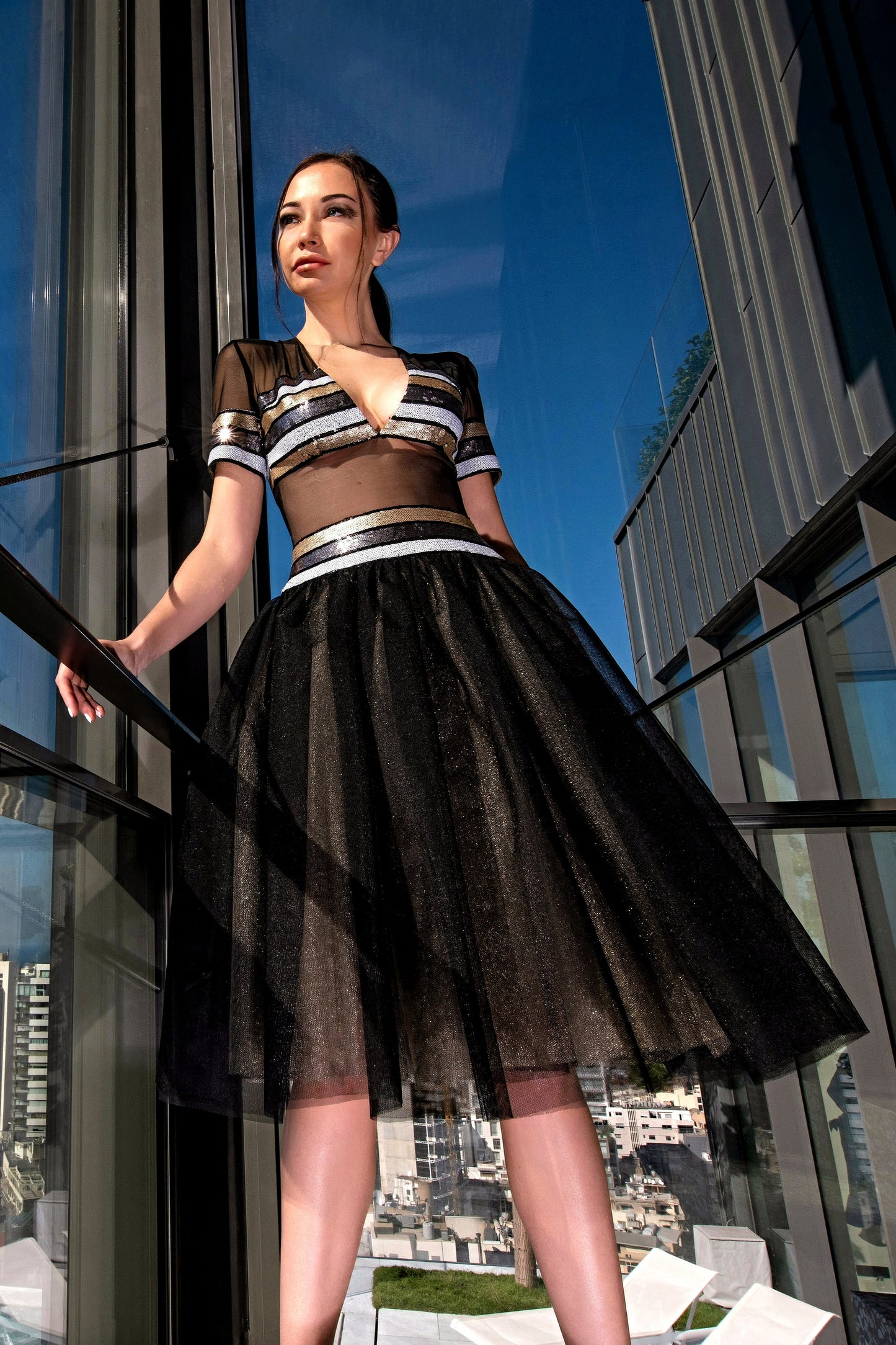 Black and Gold Sequin Tulle Dress