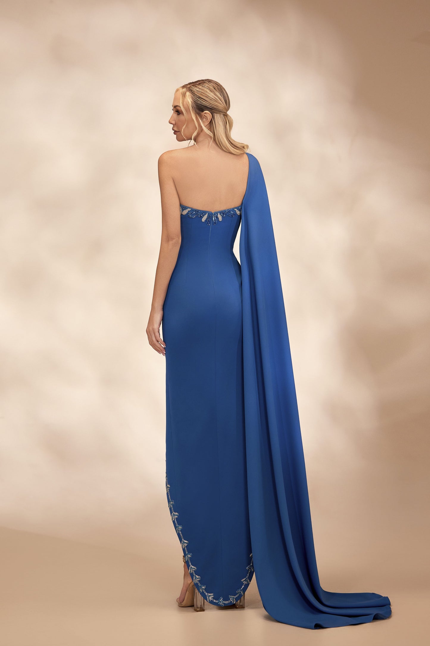 Petrol One-Shoulder Cape Dress