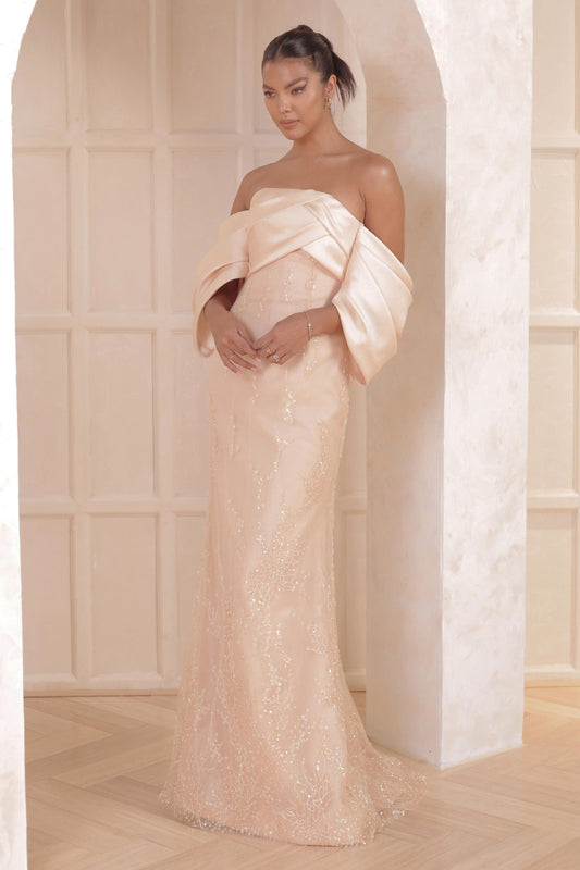 Off Shoulder Draped Gown with Lace