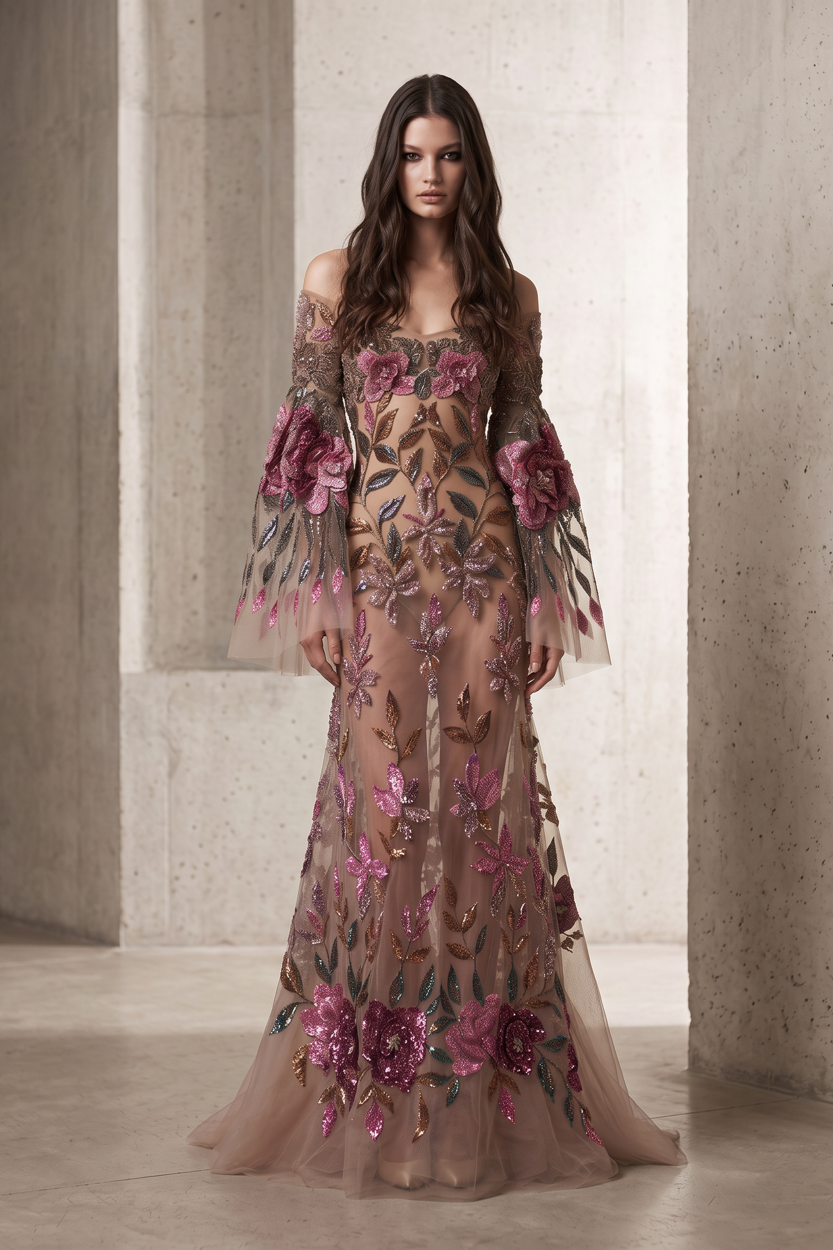 Off-Shoulder Sheer Embroidered Gown
