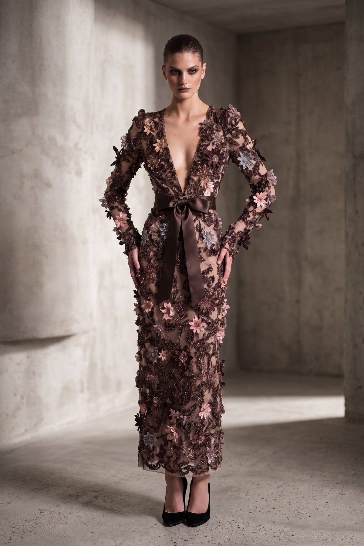 Vestido de manga larga con cuello de pico