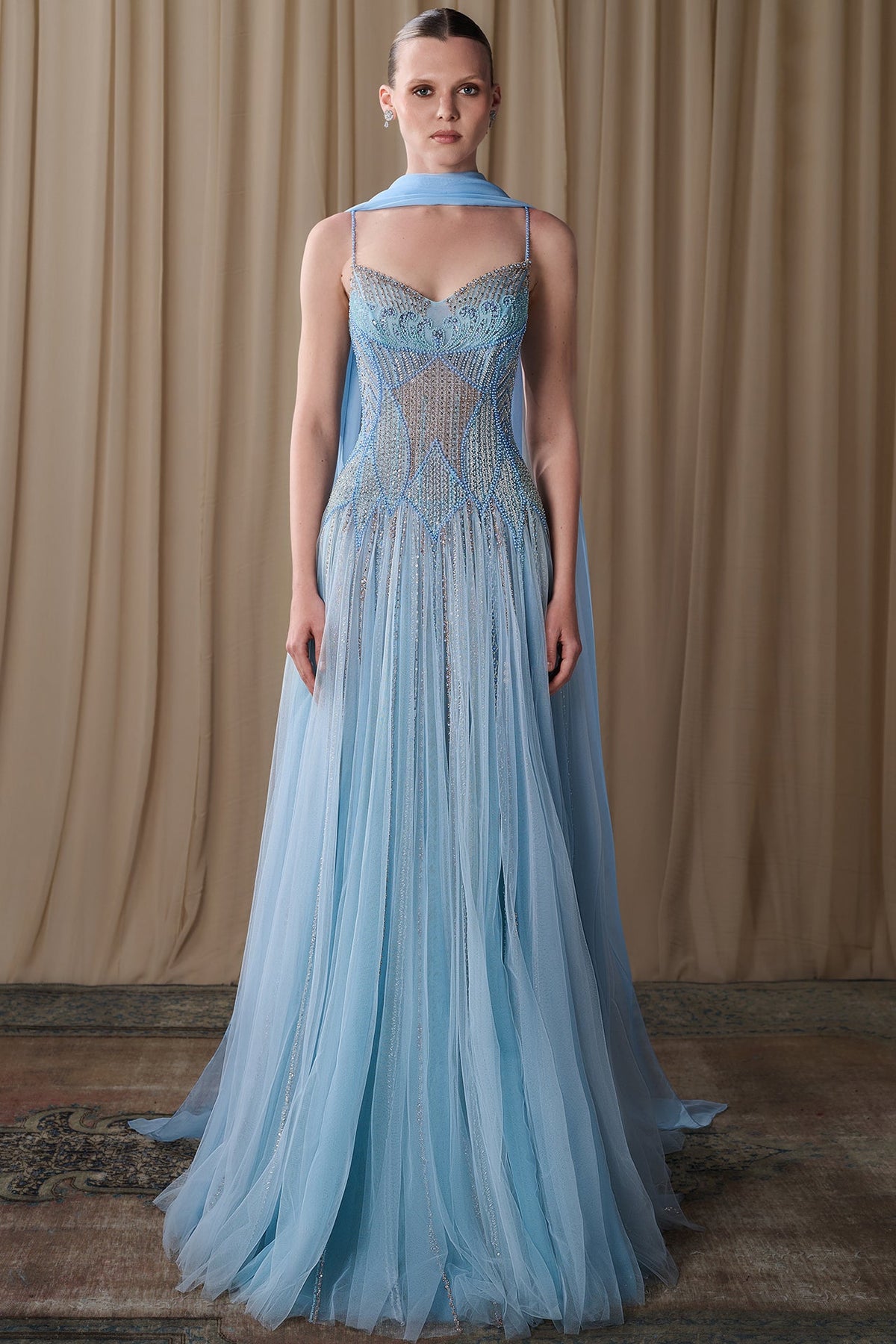 Pearl-Beaded Tulle Cape Gown