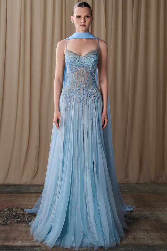 Pearl-Beaded Tulle Cape Gown