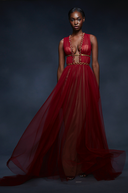 Plunging Neck Tulle Gown