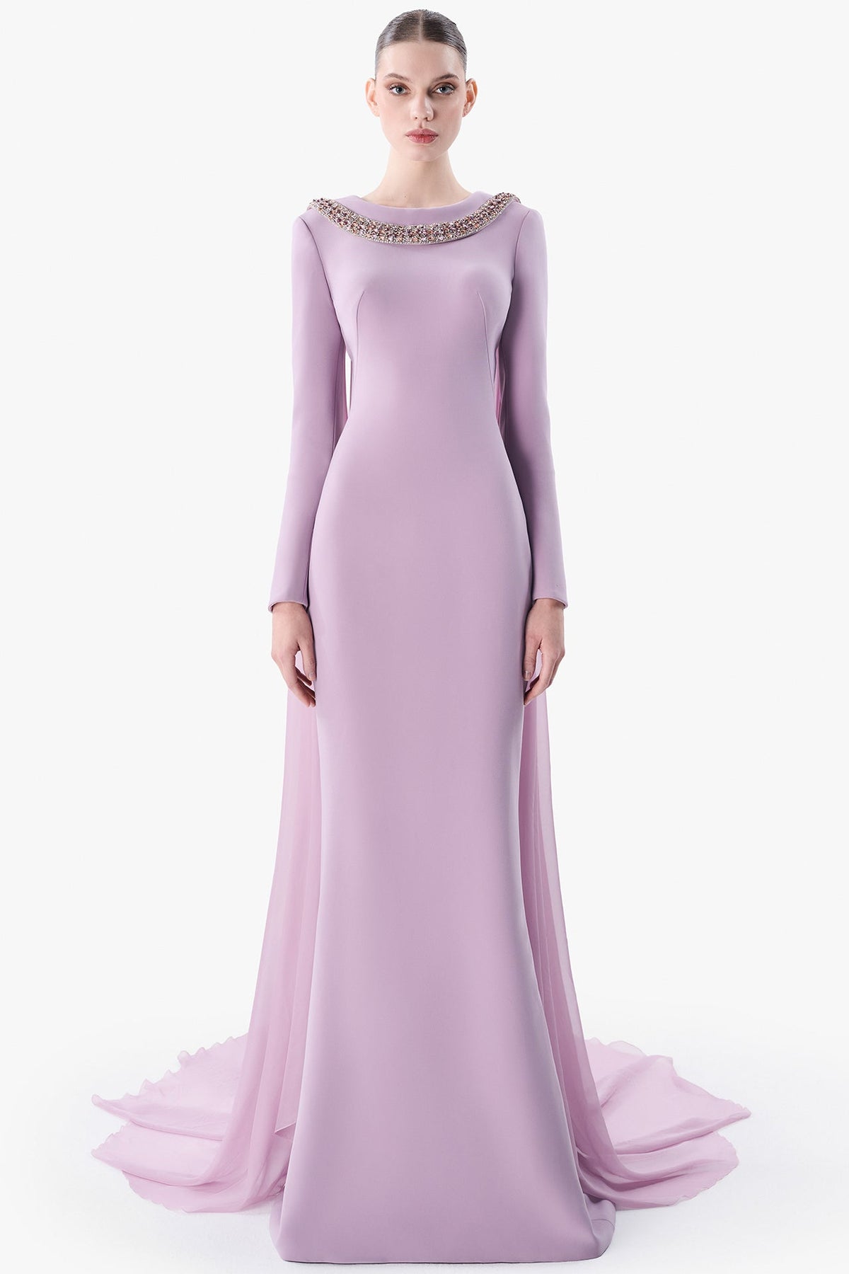 Embellished Neckline Crepe Gown