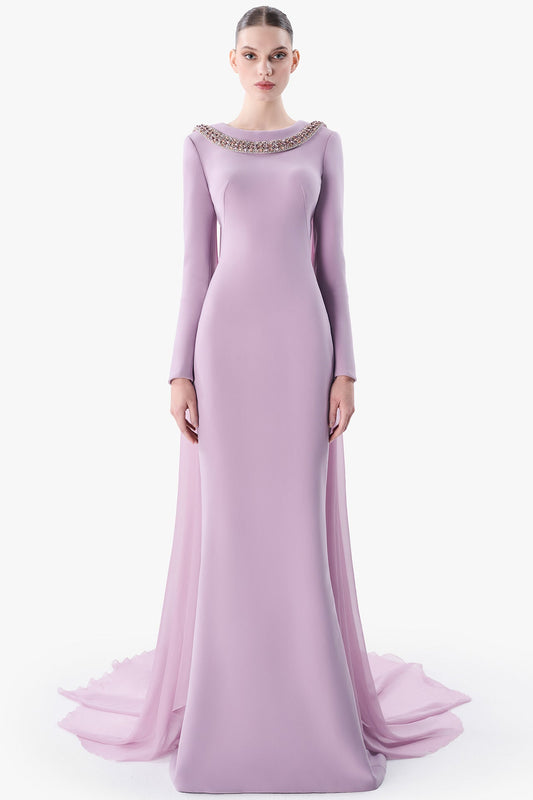 Embellished Neckline Crepe Gown