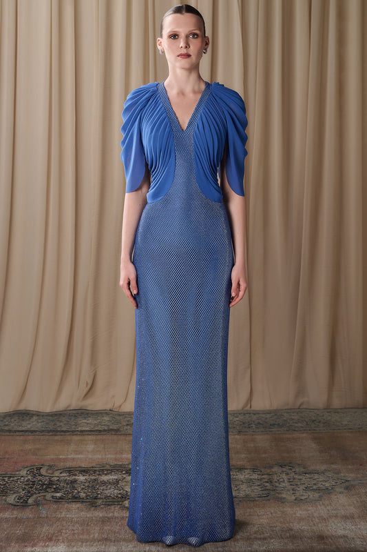 Draped-Sleeve Beaded Lattice Gown