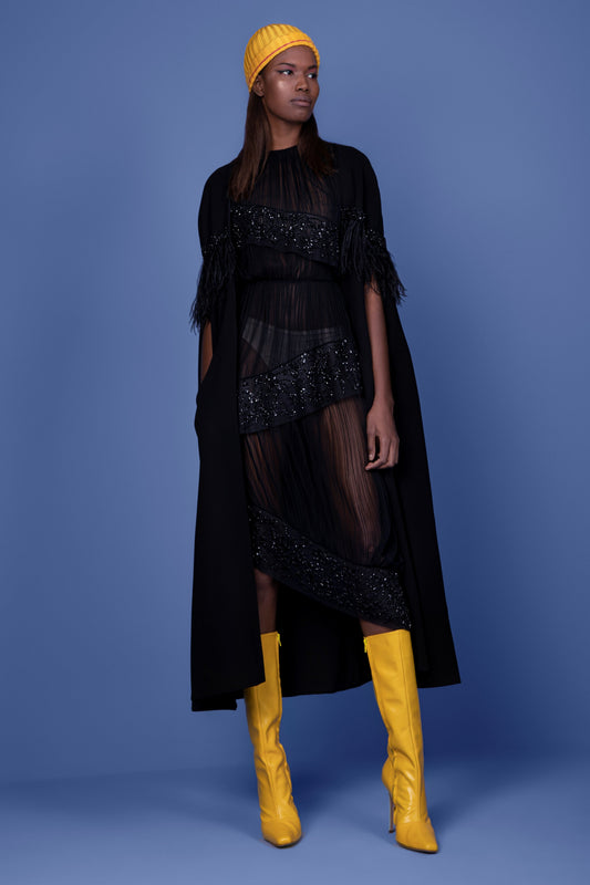Pleated Mushroom Tulle Dress with Cape