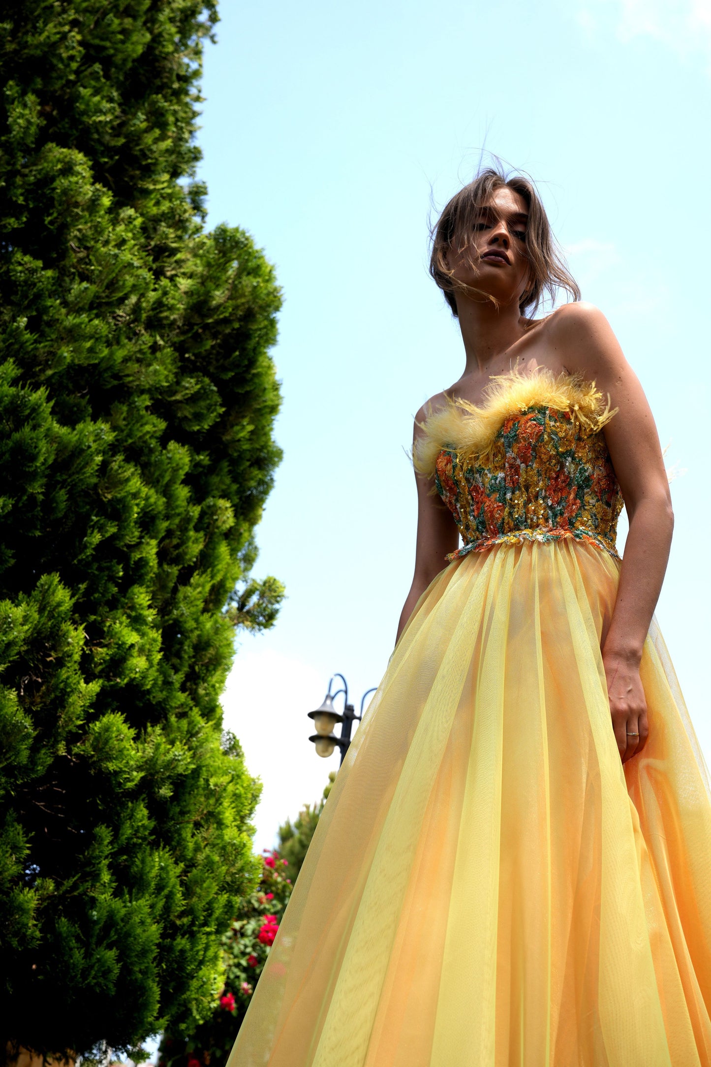 Tulle Gown with Multicolor Lace Bodice