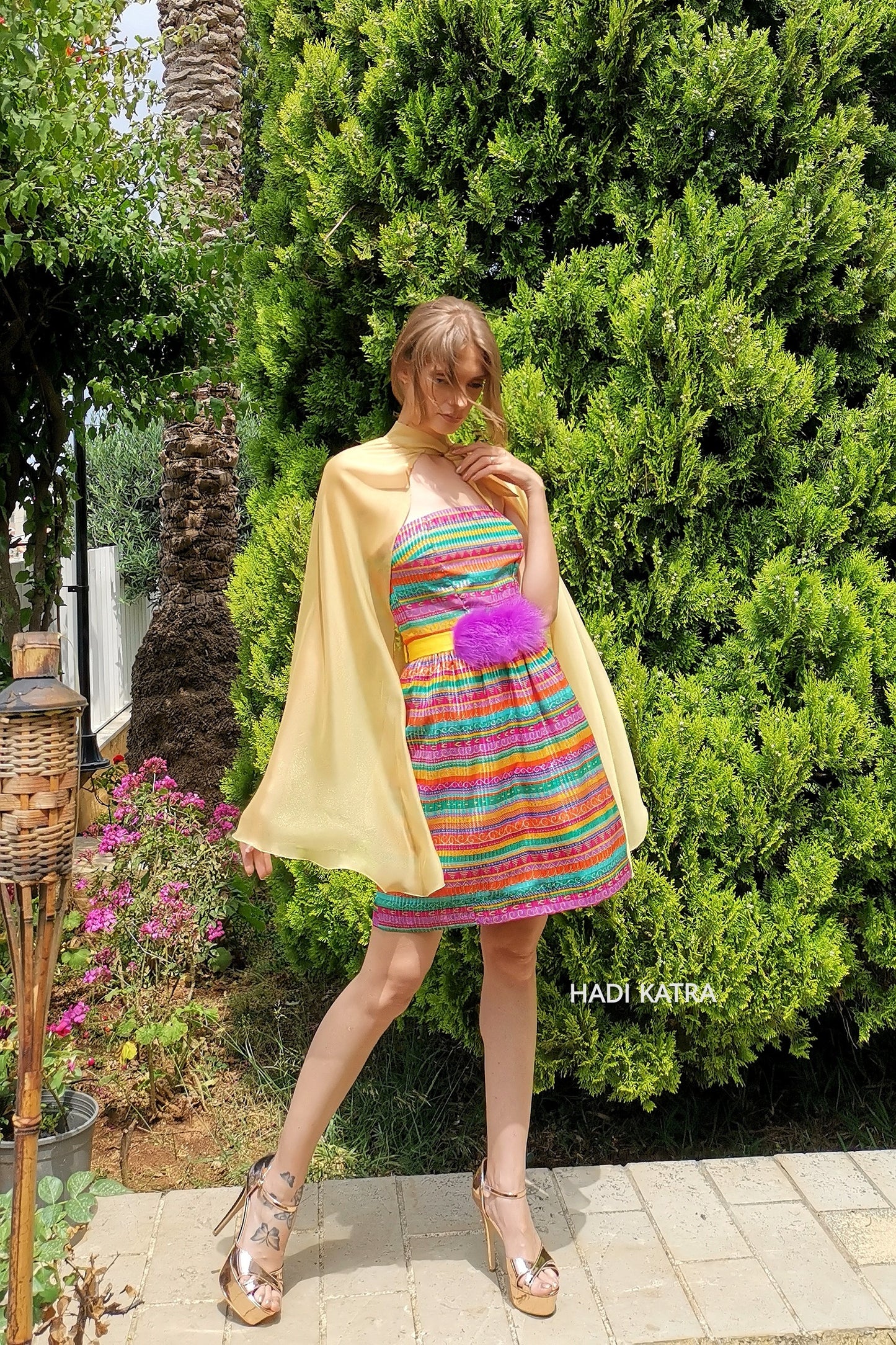 Multicolor Dress with Chiffon Cape