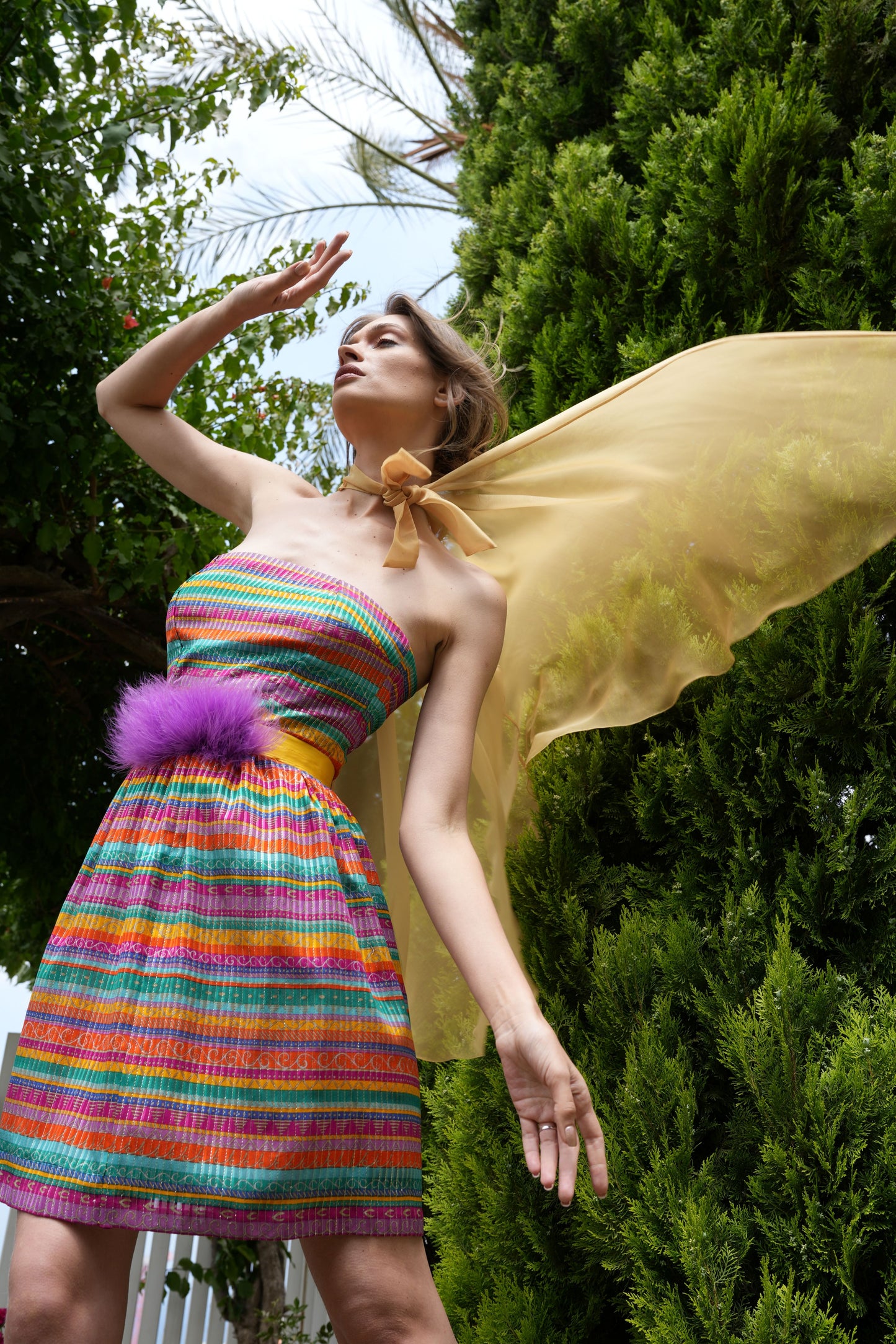 Multicolor Dress with Chiffon Cape