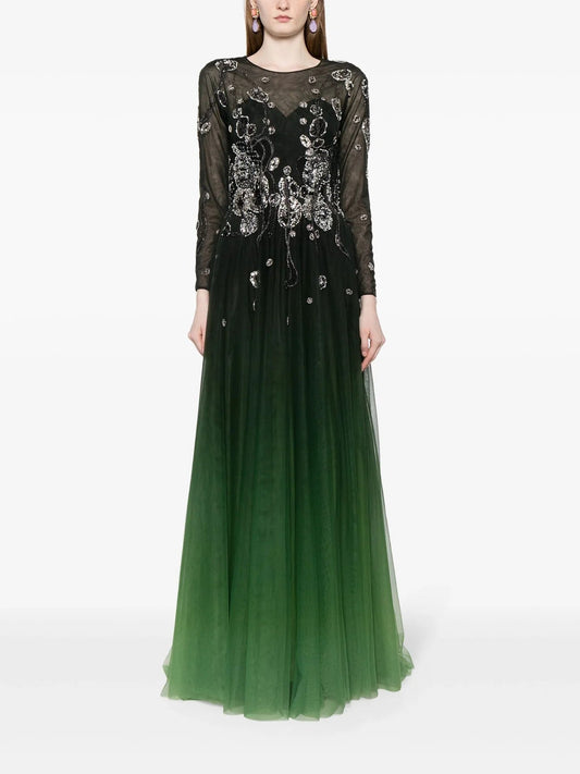Long Sleeve Gradient Print Gown with Beading