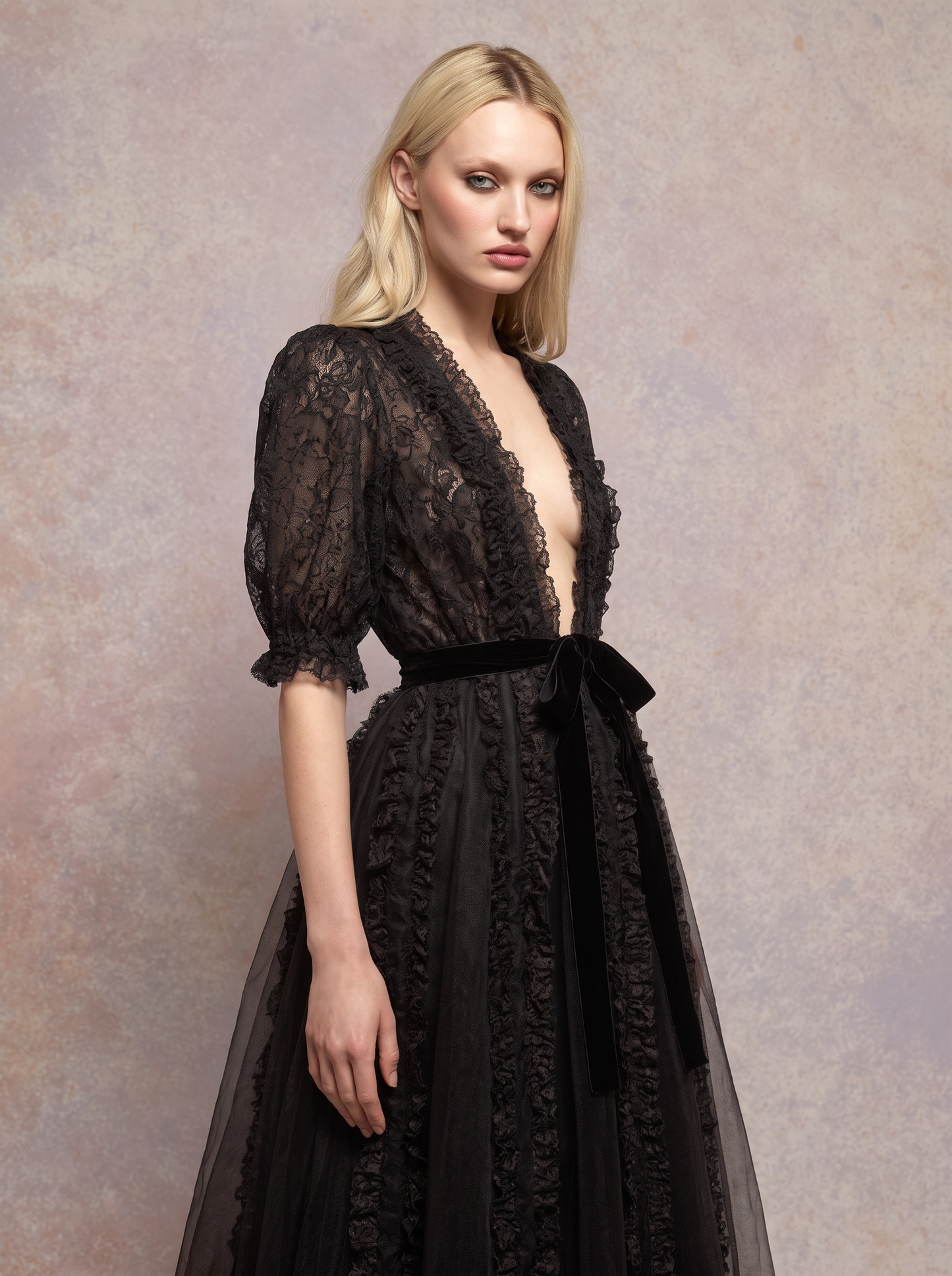 Half-Sleeve V-Neck Gown
