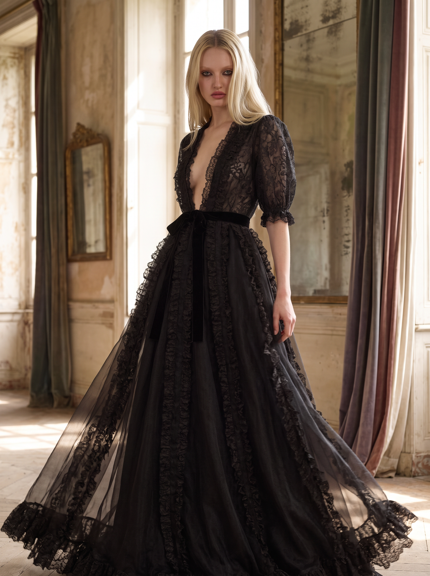 Half-Sleeve V-Neck Gown