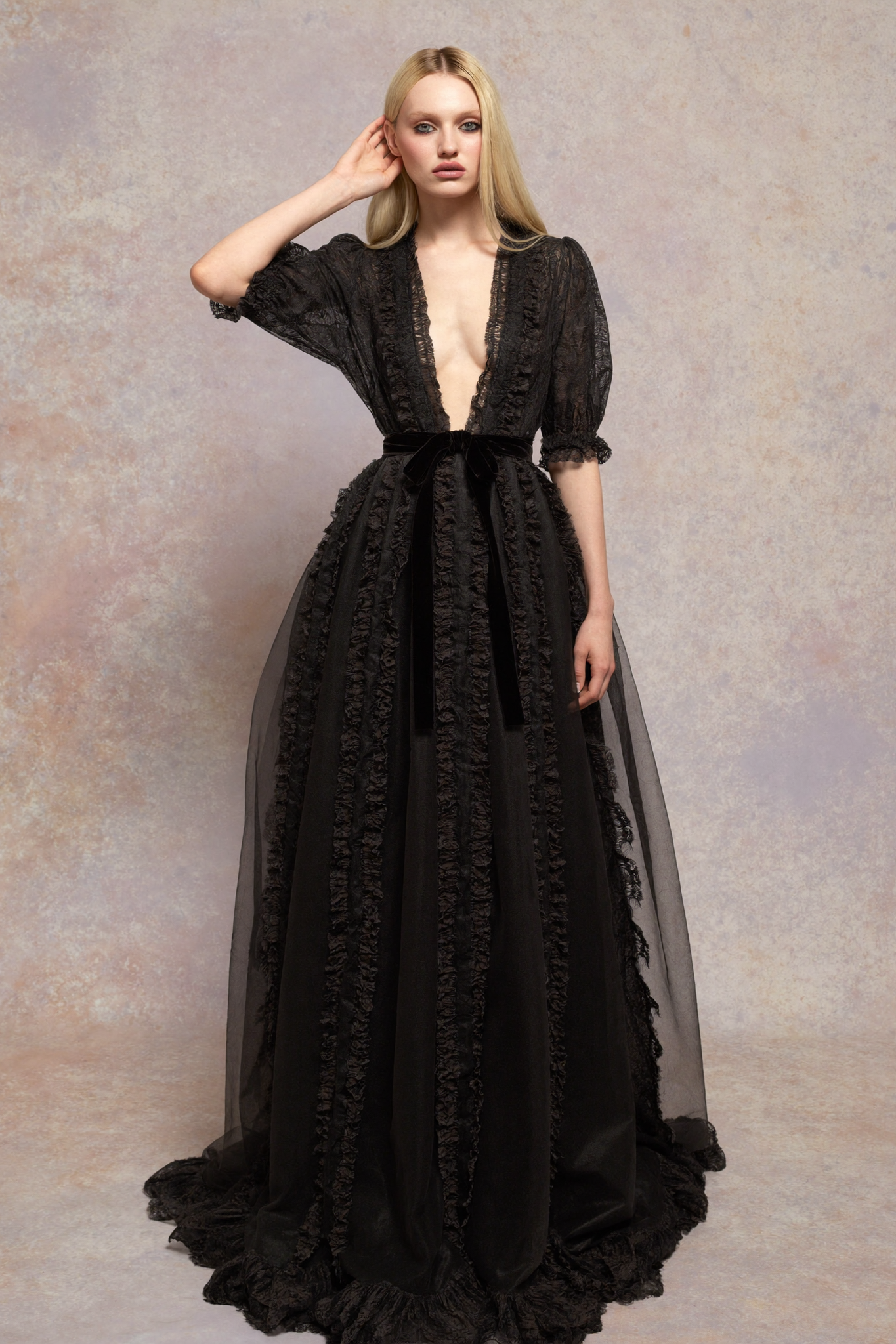 Half-Sleeve V-Neck Gown