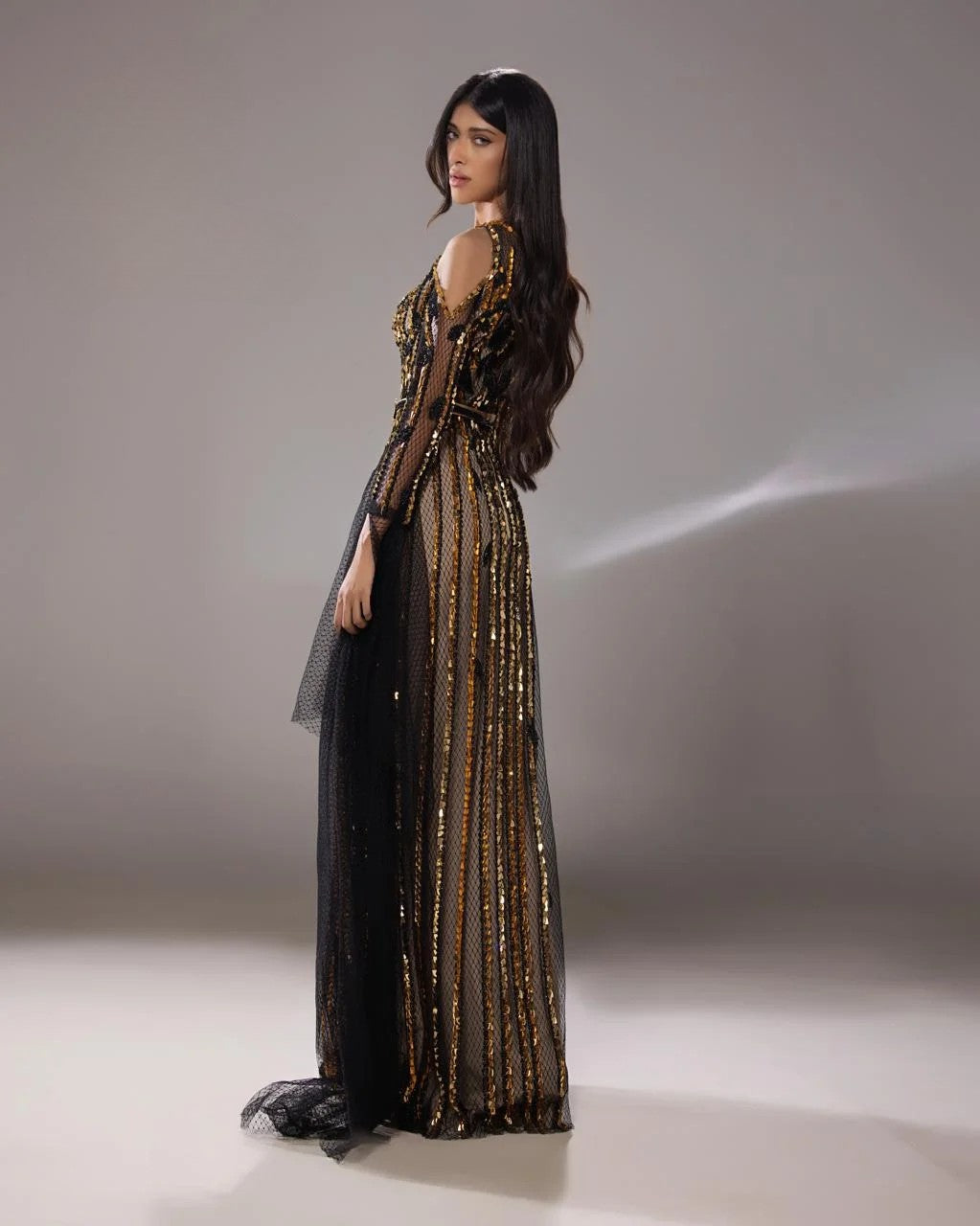Long Sleeve Embellished Mesh Gown