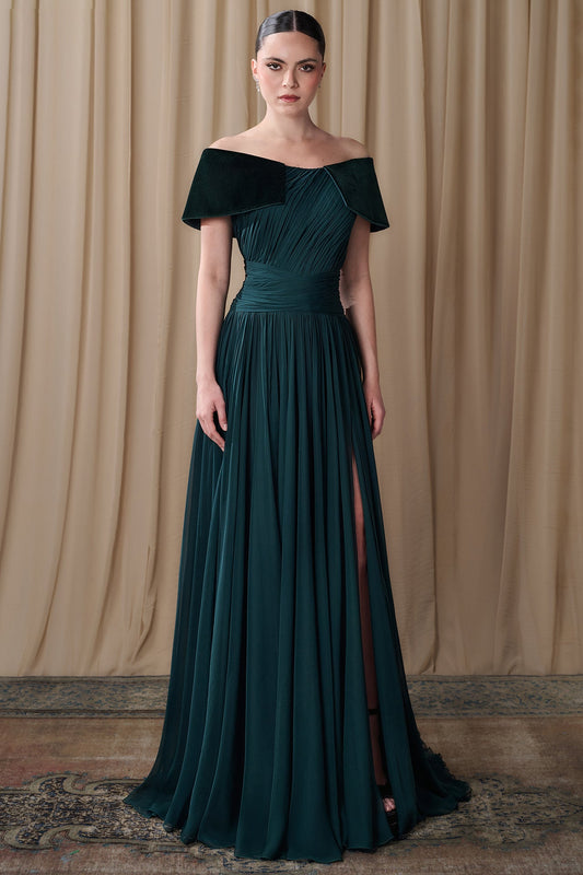 Velvet Collar Chiffon Gown