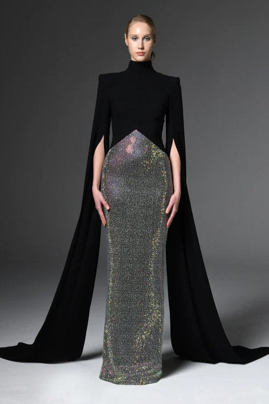Crepe Gown with Cape Sleeves