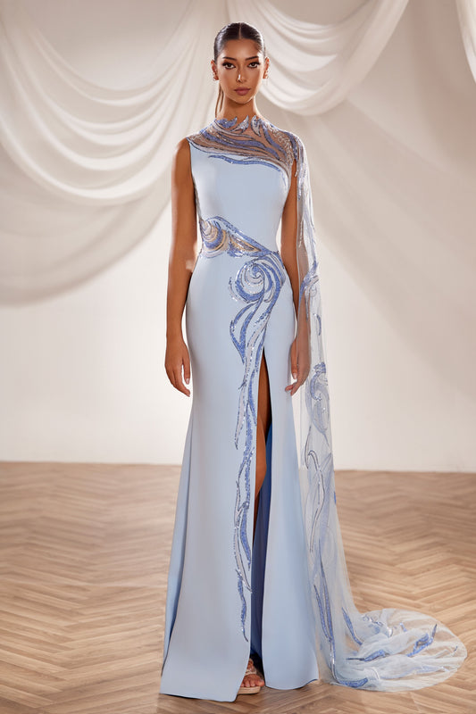 Embroidered Cape Gown