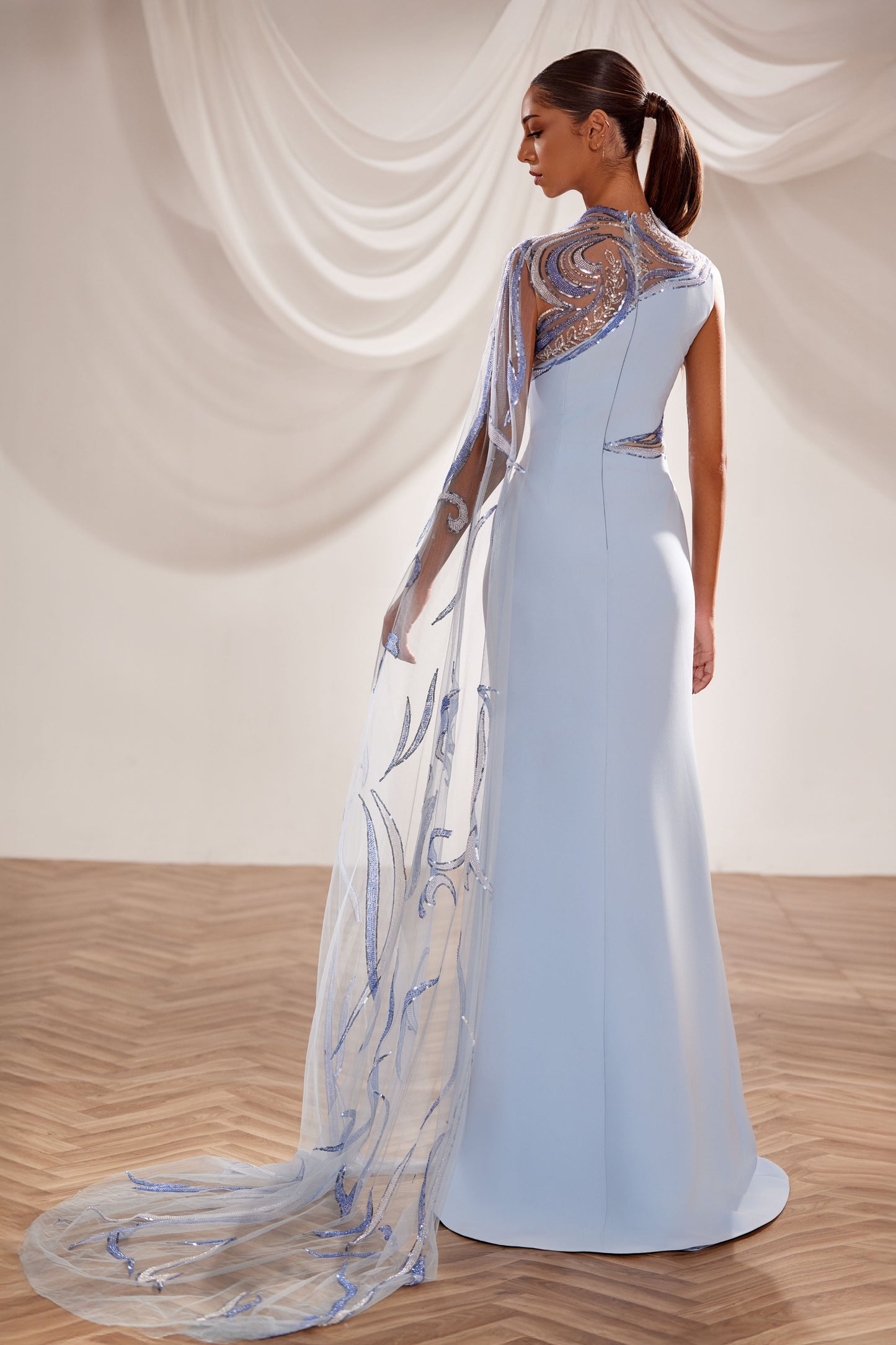 Embroidered Cape Gown