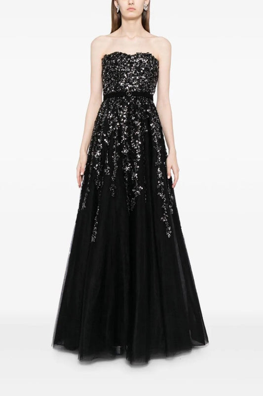 Tulle Strapless A-Line Gown with Dotted Beading