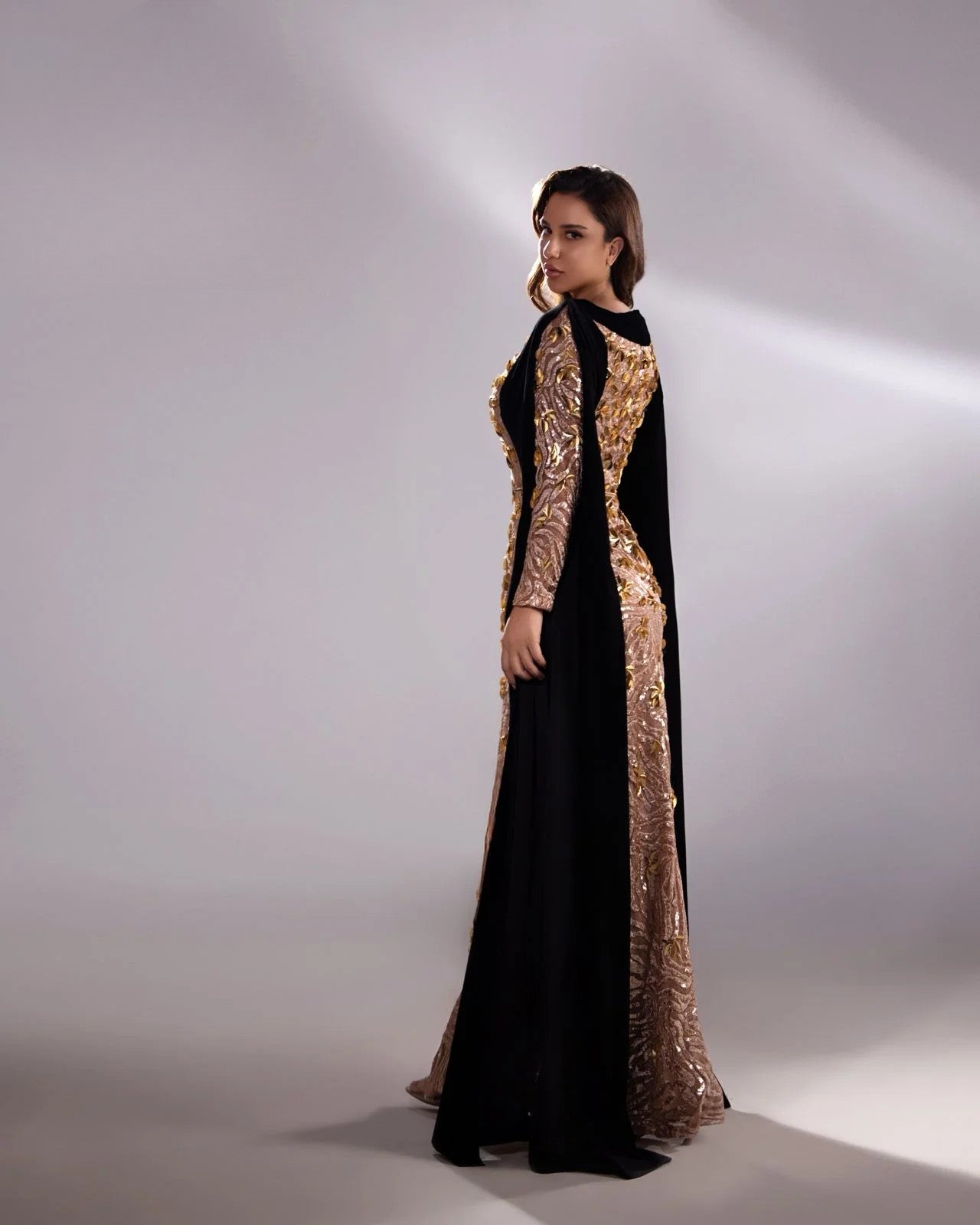 Gold Sequin Gown with Cape Overlay