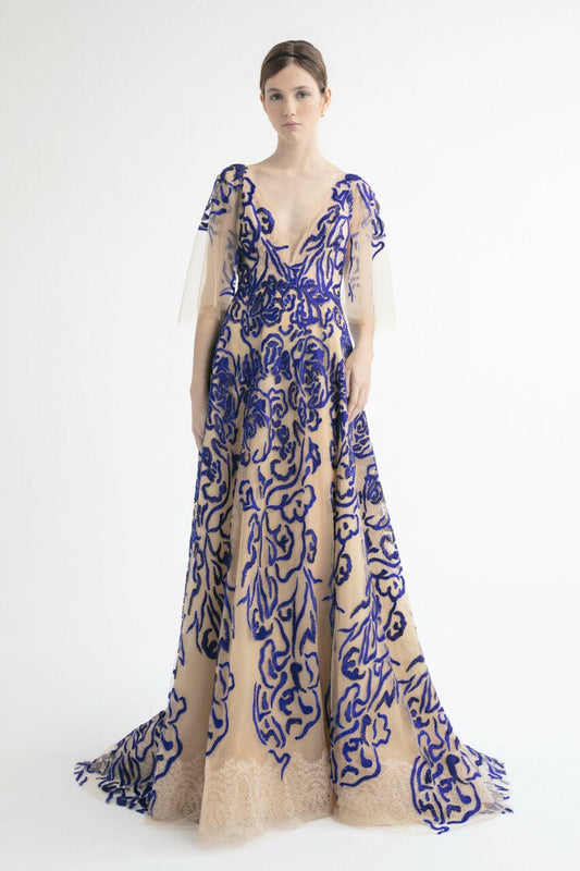 Cape Sleeve Embroidered A-Line Gown