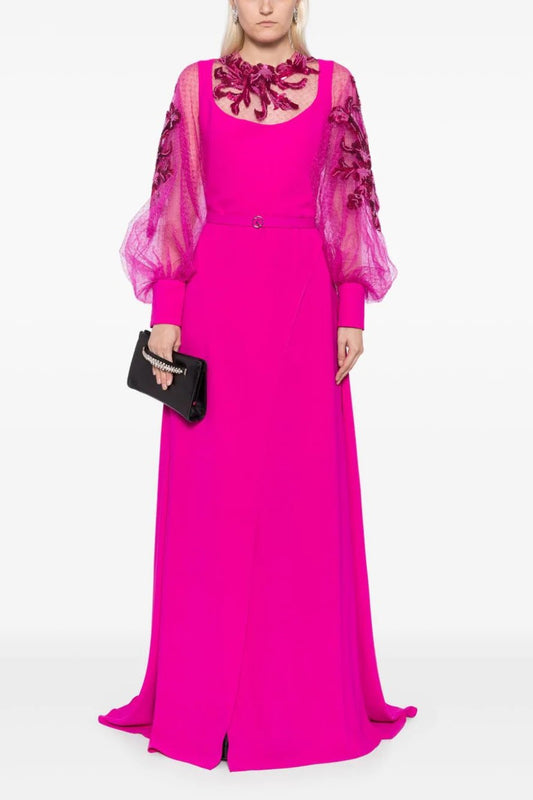 Crepe Gown with Envelope Skirt and Beaded Top and Sleeves