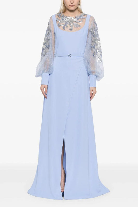 Crepe Gown with Envelope Skirt and Beaded Top