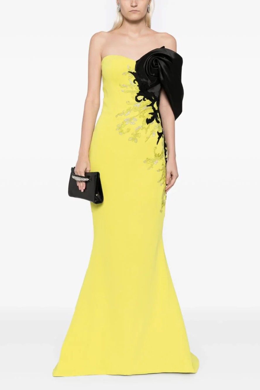 Crepe Gown With Mikado One Sided Off-Shoulder Sleeve