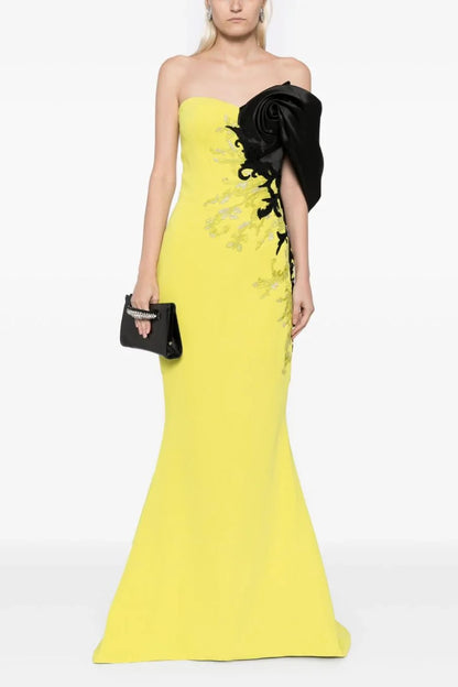 Crepe Gown With Mikado One Sided Off-Shoulder Sleeve