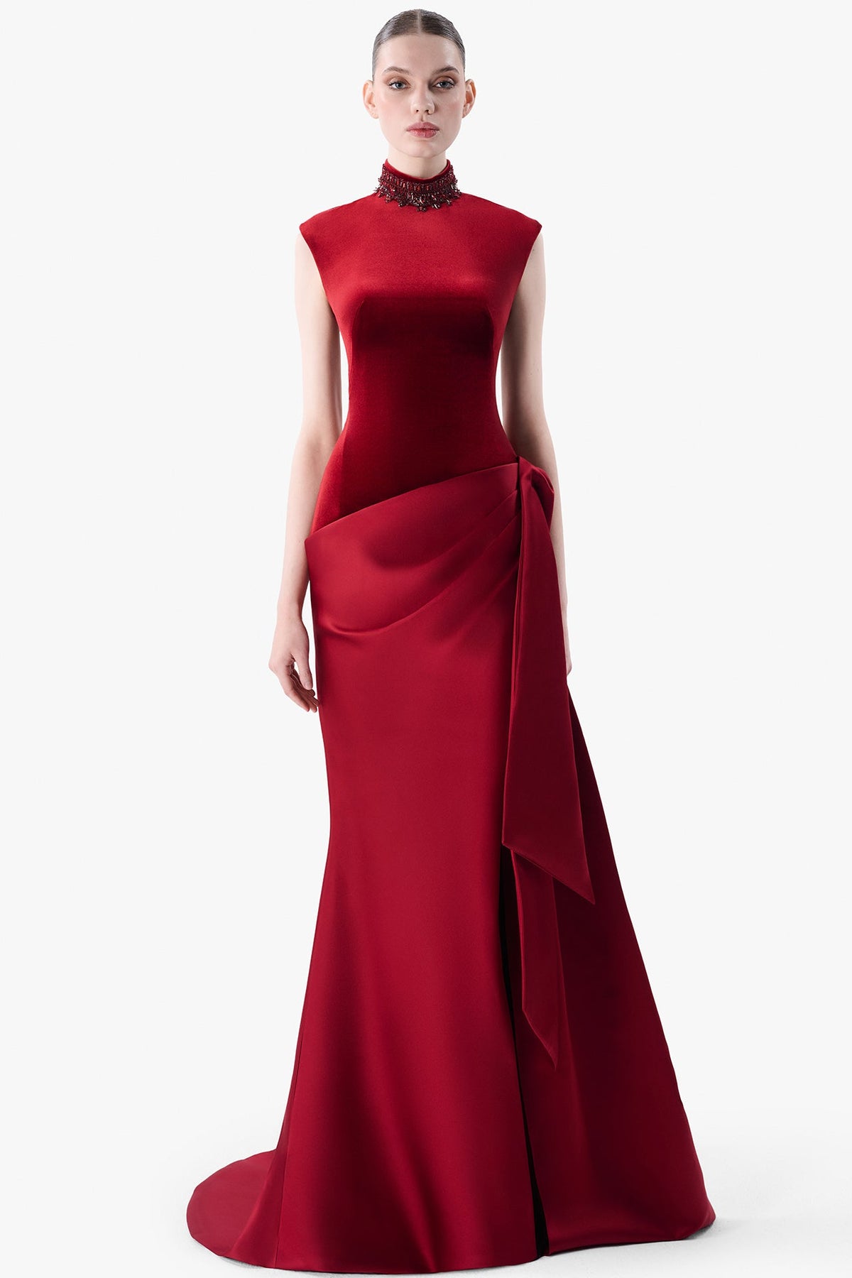 High-Neck Velvet Gown with Draped Hip Detail