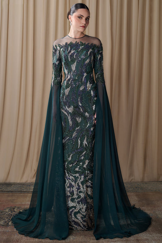 Beaded Swirl Illusion Gown