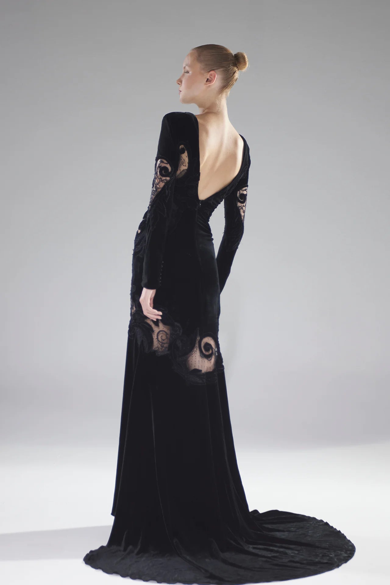 Long Sleeve Embroidered Velvet Gown