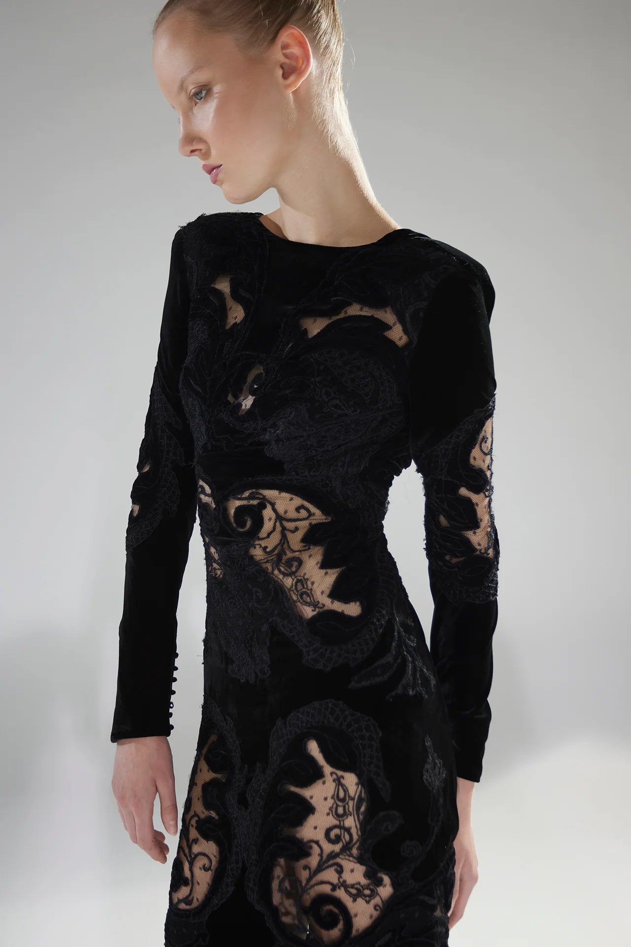 Long Sleeve Embroidered Velvet Gown